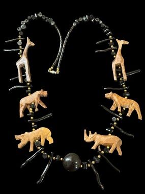Vintage African Safari Animal Wood Necklace